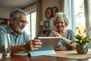 Casal de idosos sorrindo enquanto usam um tablet para organizar suas finanças em uma mesa bem iluminada.