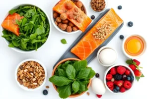 Prato colorido com alimentos saudáveis para o cabelo, incluindo salmão, espinafre, nozes e ovos.