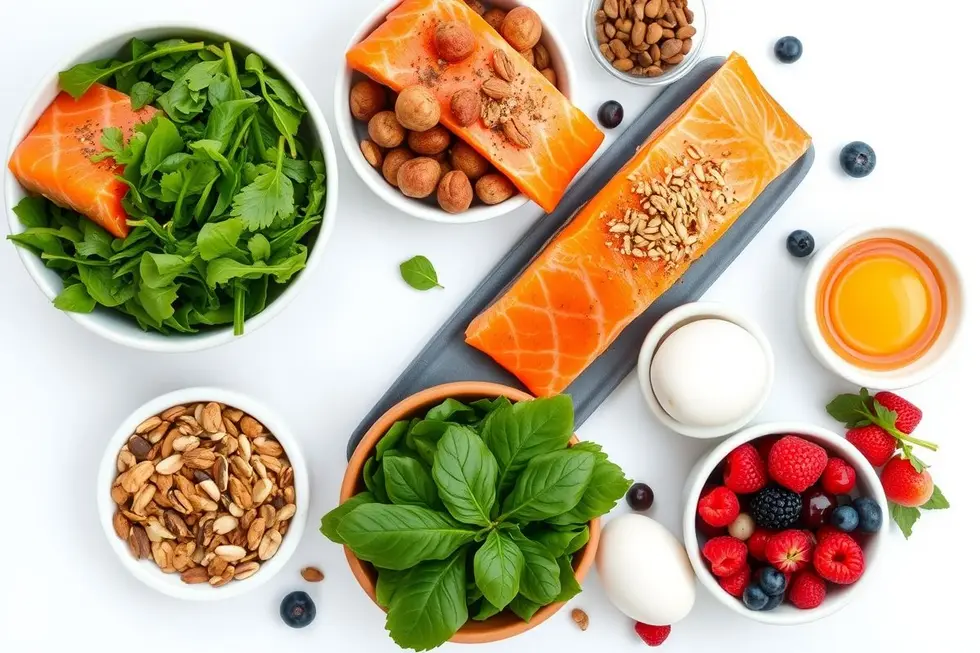 Prato colorido com alimentos saudáveis para o cabelo, incluindo salmão, espinafre, nozes e ovos.