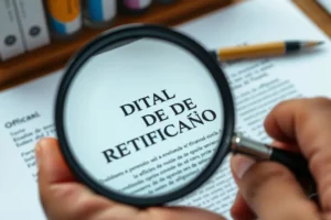 Mão de uma pessoa madura segurando uma lupa sobre um documento de retificação do edital do CNU, simbolizando a análise cuidadosa das mudanças.