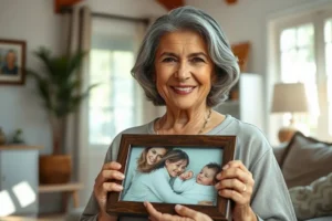 Retrato de uma avó brasileira sorridente, segurando com carinho uma foto de sua filha com o neto recém-nascido, simbolizando o apoio familiar.
