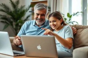 Um avô e sua neta sentados em um sofá, sorrindo enquanto olham para um laptop, planejando a inscrição no FIES 2025.