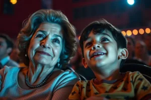 Imagem de uma avó e seu neto assistindo maravilhados a um espetáculo de mágica, representando o público do Festival de Mágica de Santo André.