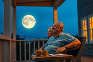 Um casal de idosos sentados em uma varanda, sorrindo e olhando para a lua cheia, representando o bem-estar e o planejamento na aposentadoria.