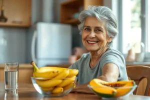Uma senhora sorridente e saudável sentada à mesa com frutas e um copo d'água, representando uma vida com saúde e qualidade de vida.