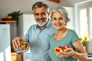 Capa do artigo: um casal de idosos brasileiros, saudáveis e felizes, em sua cozinha, com uma salada de frutas e um copo de água, simbolizando saúde intestinal.