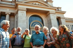 Grupo de pessoas com mais de 50 anos, felizes e sorridentes, em frente à fachada do Museu Paulistano, prontos para uma visita cultural.
