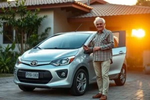 Um casal de idosos brasileiros sorri ao lado de seu carro novo, um hatchback prateado, na garagem de casa ao entardecer.