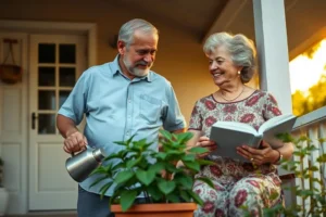 Casal de idosos brasileiros sorrindo em uma varanda simples e aconchegante. Ele rega uma planta e ela lê um livro, representando uma aposentadoria tranquila e com propósito.