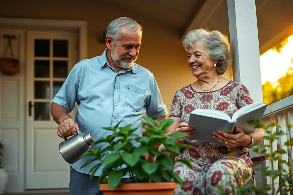 Casal de idosos brasileiros sorrindo em uma varanda simples e aconchegante. Ele rega uma planta e ela lê um livro, representando uma aposentadoria tranquila e com propósito.