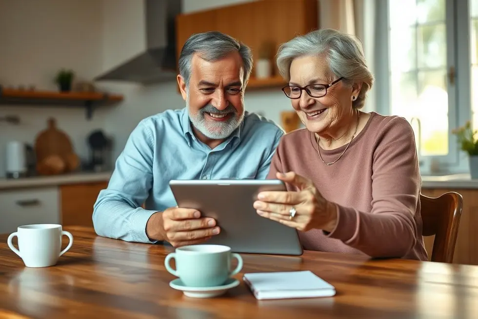 Casal de aposentados brasileiros sorrindo e olhando para um tablet, planejando suas finanças de forma positiva após o aumento do salário mínimo.