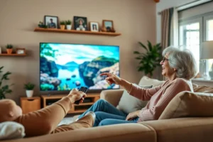 Casal de idosos sorrindo no sofá da sala, assistindo a um documentário em uma Smart TV LG de tela grande. O ambiente é aconchegante e feliz.