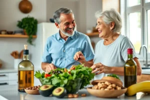 Um casal brasileiro sorridente com mais de 50 anos na cozinha, preparando juntos uma salada colorida com ingredientes que ajudam a reduzir o colesterol.