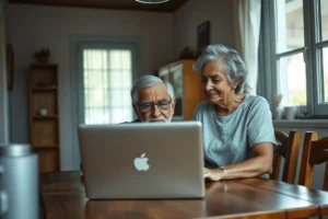 Casal de 50 a 60 anos, sentados à mesa, olhando para um laptop com semblante focado e esperançoso, representando a busca por direitos do INSS.