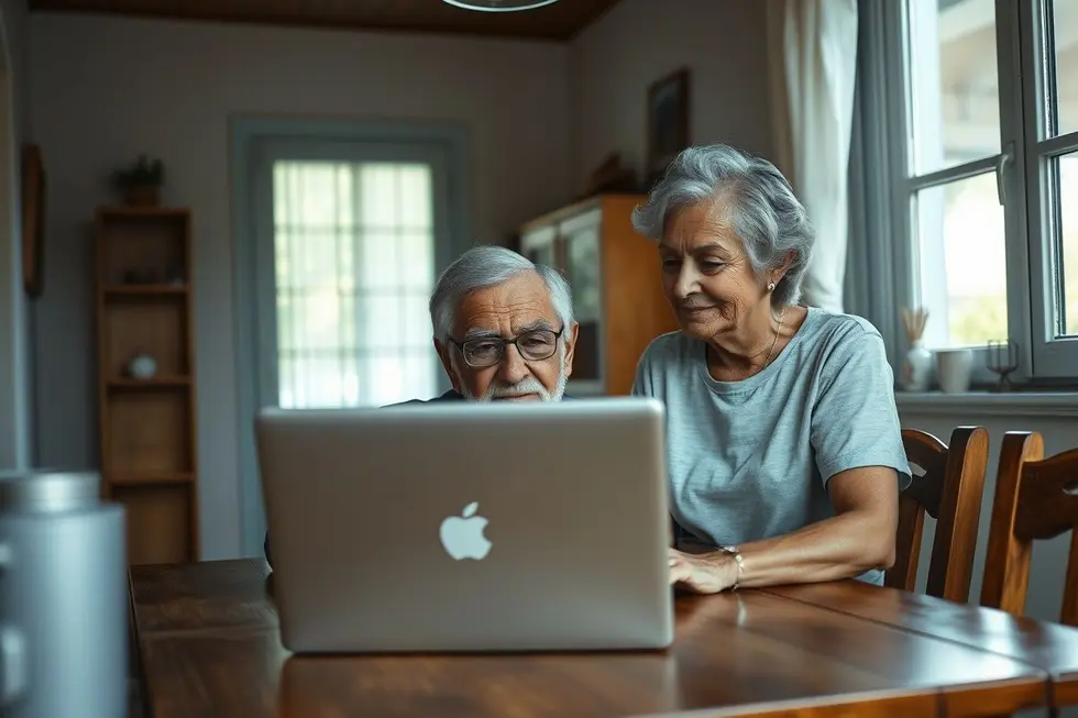 Casal de 50 a 60 anos, sentados à mesa, olhando para um laptop com semblante focado e esperançoso, representando a busca por direitos do INSS.