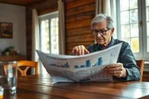 Um casal de idosos sentados à mesa, analisando um jornal com gráficos econômicos, demonstrando interesse e calma ao aprender sobre finanças.