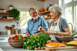Imagem de capa mostrando um casal de idosos brasileiros felizes na cozinha, com ingredientes para a saúde do cérebro, como peixe e frutas, sobre a bancada.