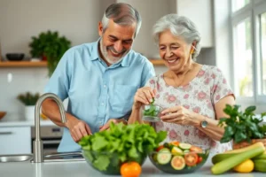 Casal brasileiro de idosos, sorrindo e felizes, preparando uma refeição saudável com vegetais frescos em sua cozinha.