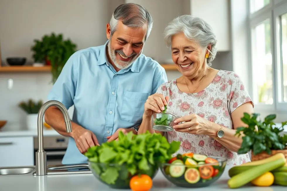 Casal brasileiro de idosos, sorrindo e felizes, preparando uma refeição saudável com vegetais frescos em sua cozinha.