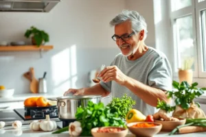 Um casal de idosos brasileiros, sorridentes e saudáveis, cozinhando juntos em uma cozinha iluminada, utilizando temperos e vegetais frescos.