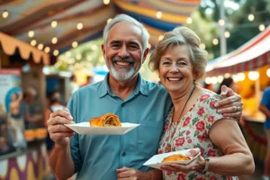Casal de idosos sorrindo em um festival de comida ao ar livre, segurando um prato de torresmo de rolo.