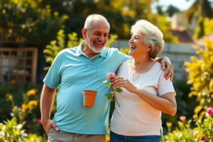 Casal de idosos sorrindo e se abraçando em um jardim florido, representando saúde e bem-estar na terceira idade.
