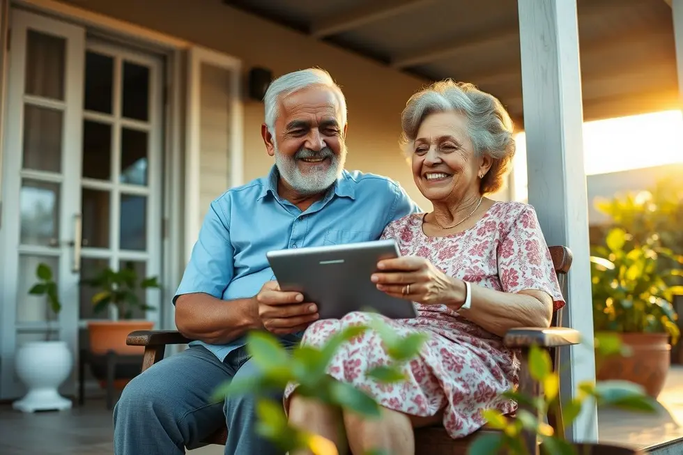 Casal de idosos brasileiros sorrindo enquanto olham para um tablet na varanda de casa, representando a tranquilidade financeira alcançada com a poupança.