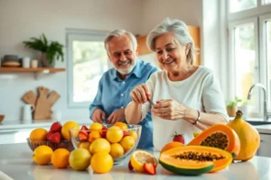 Um casal de idosos sorrindo em uma cozinha clara enquanto preparam uma salada de frutas colorida juntos, com limões, morangos e laranjas na bancada.