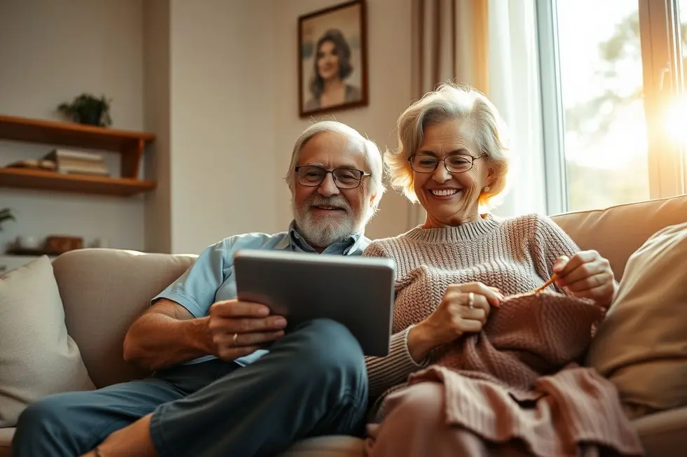 Um casal de idosos sorrindo, sentados em um sofá. O homem segura um tablet com um gráfico positivo, simbolizando uma aposentadoria segura e bem planejada.