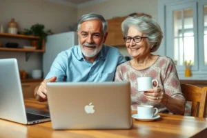Casal de idosos brasileiros sorrindo enquanto usam um notebook em sua cozinha, consultando informações sobre o INSS de forma colaborativa e positiva.
