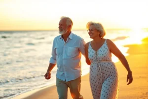 Casal de idosos felizes caminhando de mãos dadas na praia ao amanhecer, representando uma vida plena e saudável na terceira idade.