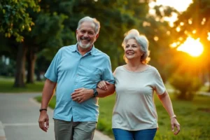 Imagem de capa mostrando um casal de idosos sorridentes caminhando de mãos dadas em um parque, representando uma vida saudável e feliz na maturidade.