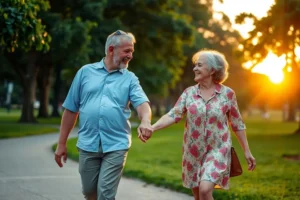 Um casal de idosos sorrindo e caminhando de mãos dadas em um parque ensolarado, representando saúde, segurança e tranquilidade após se informar sobre a gripe aviária.
