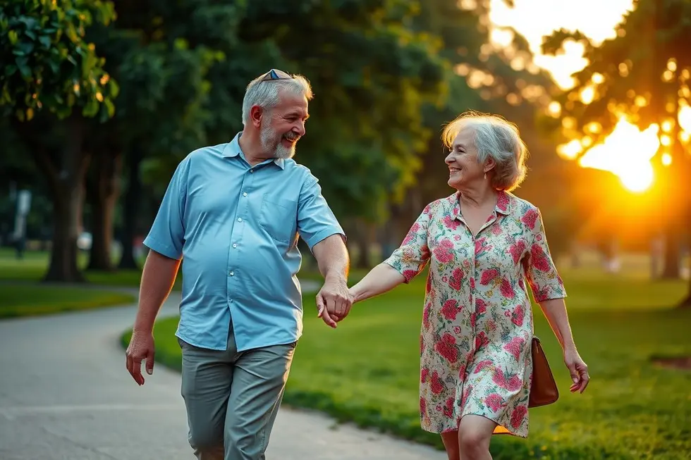 Um casal de idosos sorrindo e caminhando de mãos dadas em um parque ensolarado, representando saúde, segurança e tranquilidade após se informar sobre a gripe aviária.