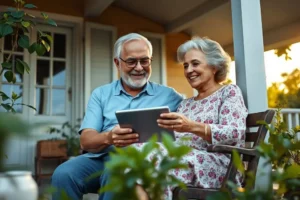 Um casal brasileiro mais velho sorrindo enquanto usa um tablet na varanda de casa, simbolizando como a tecnologia e a compra da Fibrasil pela Telefônica trazem mais conexão.
