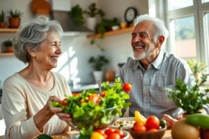 Um casal de idosos sorrindo e compartilhando uma refeição saudável em uma cozinha iluminada, simbolizando uma vida plena e com bem-estar após aprender a controlar a enxaqueca.