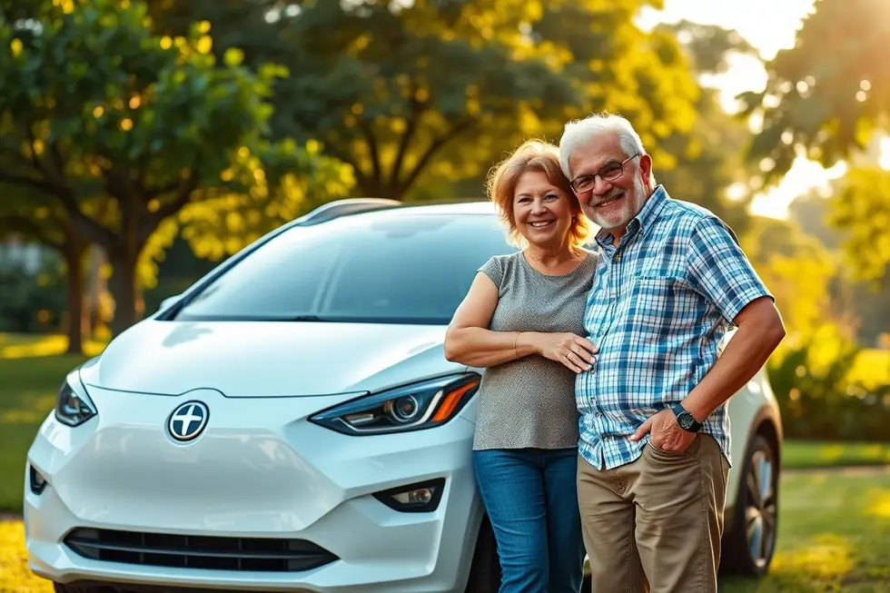 Casal de idosos brasileiros sorrindo ao lado de seu novo carro elétrico branco, estacionado em um parque ensolarado e arborizado.