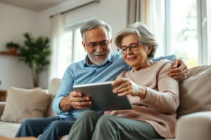 Casal brasileiro de 50 e poucos anos, sentado em um sofá, olhando para um tablet com uma expressão calma e de apoio mútuo.