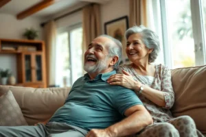 Um casal maduro sorrindo em um sofá. O homem parece ter um soluço e a mulher o conforta de forma carinhosa, mostrando uma abordagem positiva ao tema.
