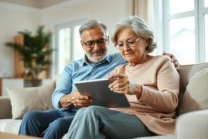 Um casal maduro brasileiro, sentado em um sofá, olha para um tablet com expressões calmas e de apoio, simbolizando a busca por informações de saúde de forma conjunta.