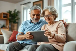 Um casal maduro, homem e mulher, sentados em um sofá, olhando juntos para um tablet com uma expressão positiva, representando a busca por informação de saúde.