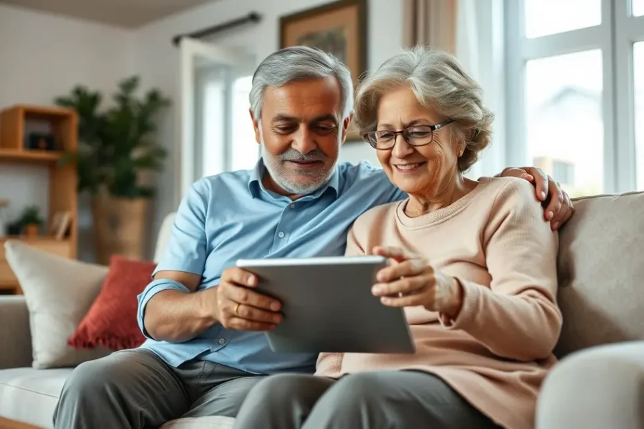 Um casal maduro, homem e mulher, sentados em um sofá, olhando juntos para um tablet com uma expressão positiva, representando a busca por informação de saúde.