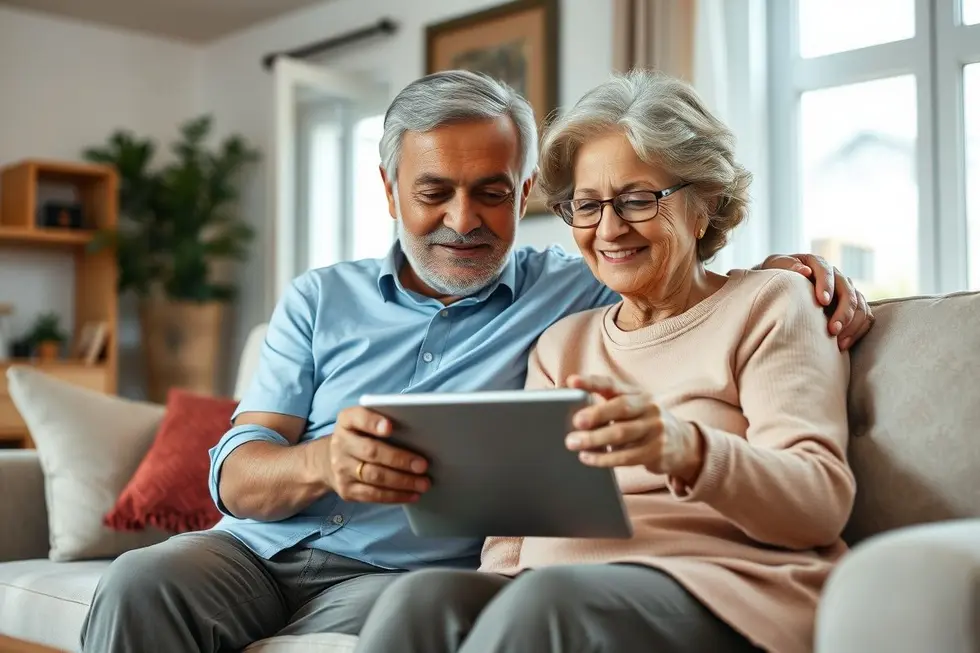 Um casal maduro, homem e mulher, sentados em um sofá, olhando juntos para um tablet com uma expressão positiva, representando a busca por informação de saúde.