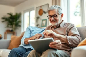 Casal brasileiro com mais de 50 anos sentado no sofá, usando um tablet para pesquisar sobre saúde de forma positiva e colaborativa.