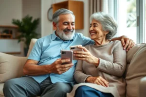 Um casal brasileiro com mais de 50 anos, sentado no sofá, sorrindo enquanto olham para um smartphone com um aplicativo financeiro, em um ambiente acolhedor e otimista.