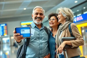Um casal brasileiro maduro e sorridente em um aeroporto. O homem mostra dois cartões de embarque da Gol no celular, enquanto a mulher segura uma mala de mão, prontos para viajar.
