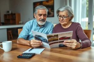Um casal de idosos analisando um folheto de carro e uma lista de anotações, planejando a compra de um veículo de forma consciente.