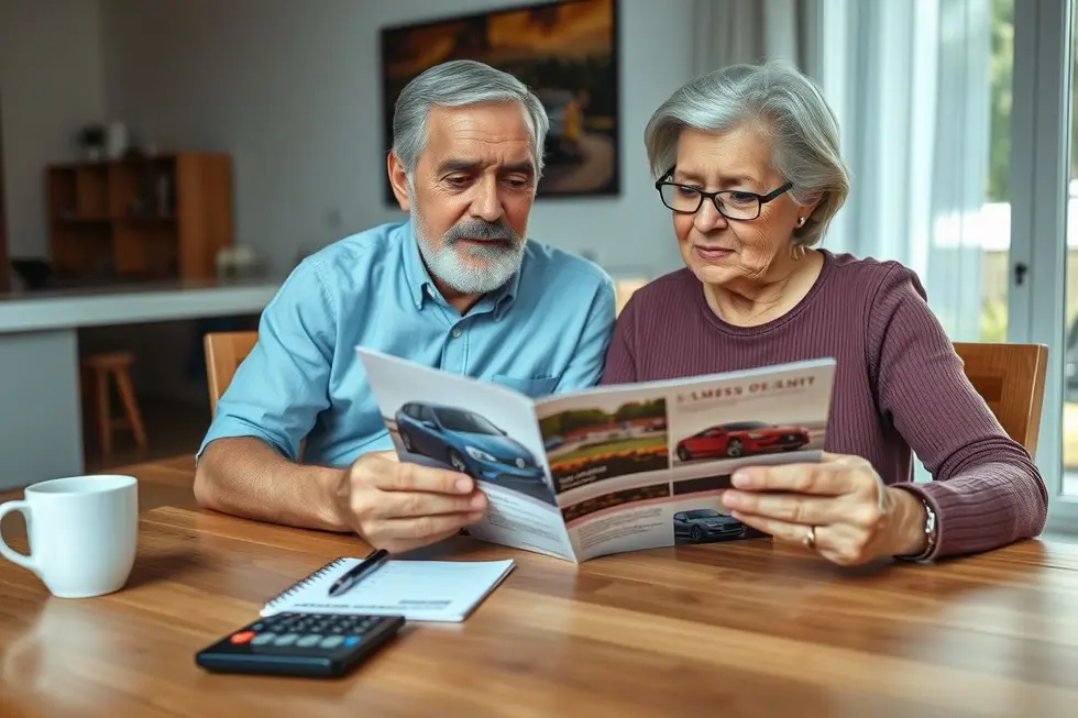 Um casal de idosos analisando um folheto de carro e uma lista de anotações, planejando a compra de um veículo de forma consciente.