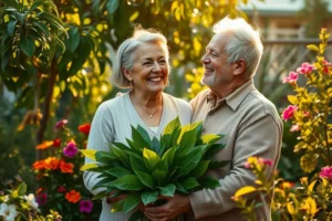 Casal de idosos brasileiros sorrindo em seu jardim. A mulher segura um ramo de ora-pro-nóbis, simbolizando uma vida saudável e feliz na terceira idade.
