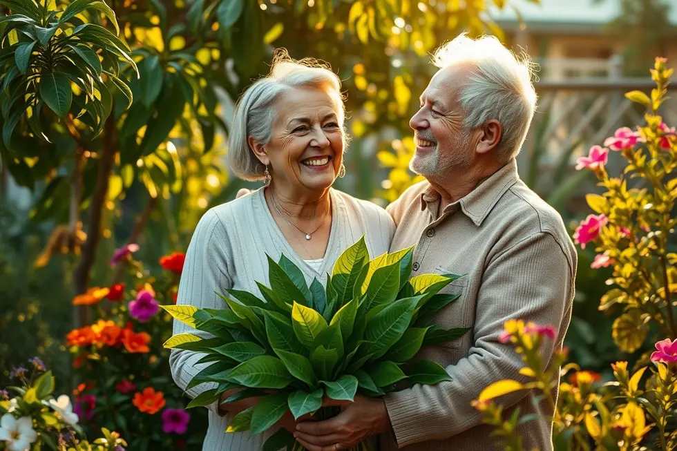 Casal de idosos brasileiros sorrindo em seu jardim. A mulher segura um ramo de ora-pro-nóbis, simbolizando uma vida saudável e feliz na terceira idade.